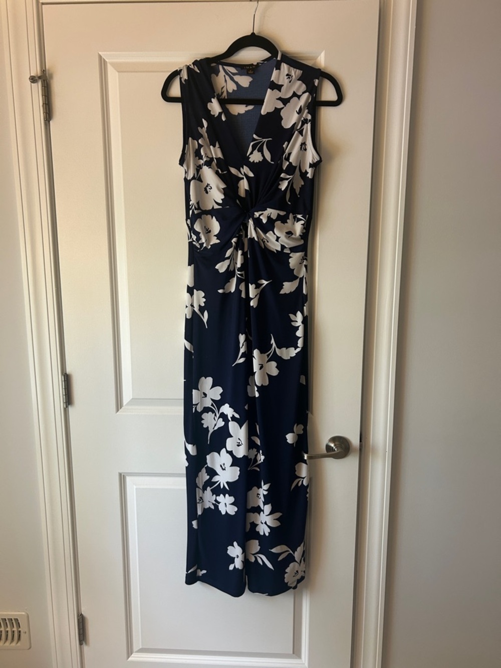 IMAN Navy and White Floral Twist-Front Maxi Dress
